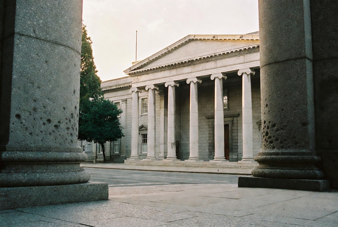 The columned portico of the General Post Office on O'Connell Street, Dublin.